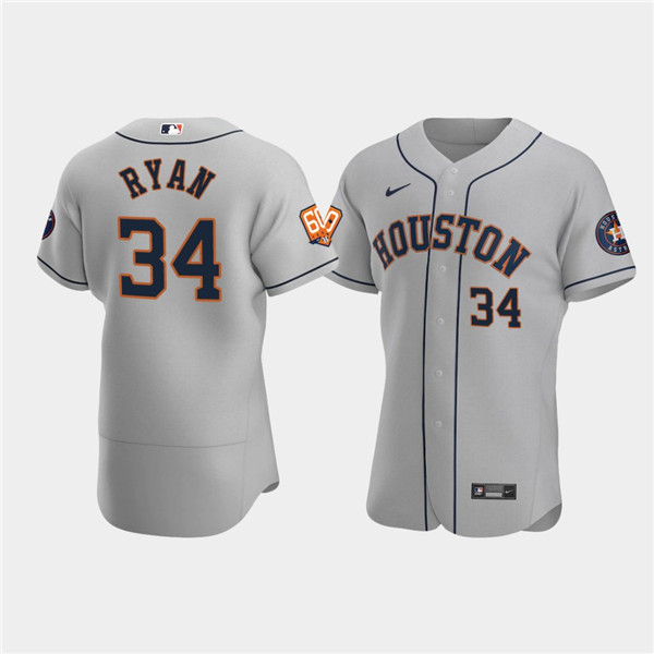 Men's Houston Astros #34 Nolan Ryan Grey 60th Anniversary Flex Base Stitched Baseball Jersey Men's Houston Astros #34 Nolan Ryan Grey 60th Anniversary Flex Base Stitched Baseball Jersey